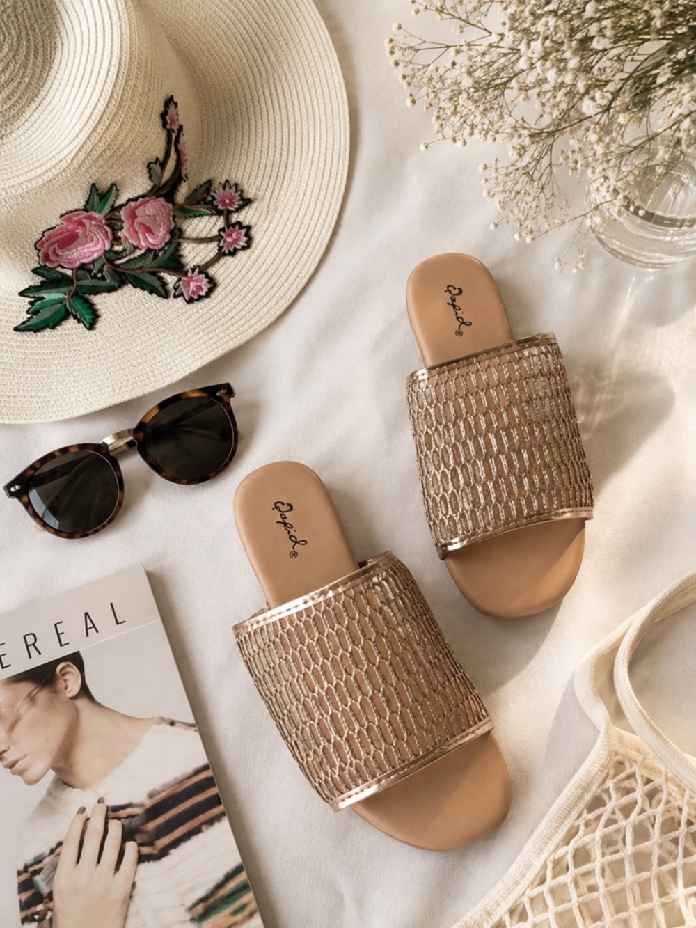 Rose gold metallic sparkly slip on sandals slippers